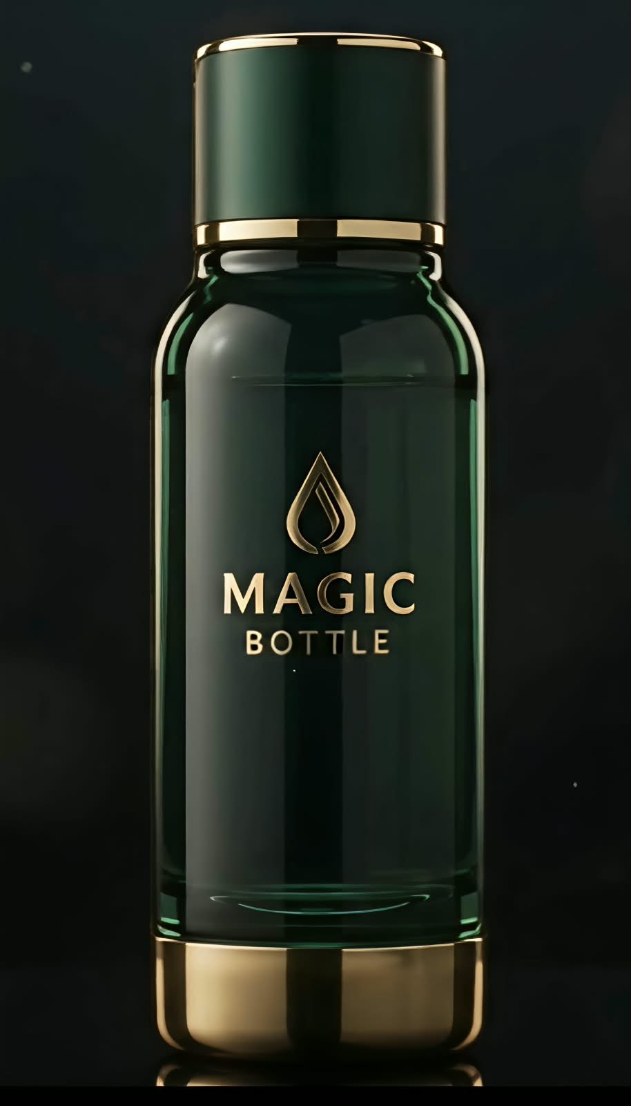 Magic Bottle: deep emerald bottle with gold cap, gold base and gold water-drop logo