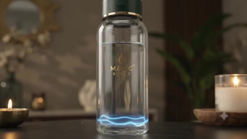 A clear bottle of water on a table beside a lit candle