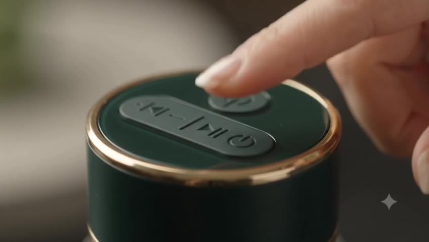 A finger pressing the play button on the gold-rimmed cap