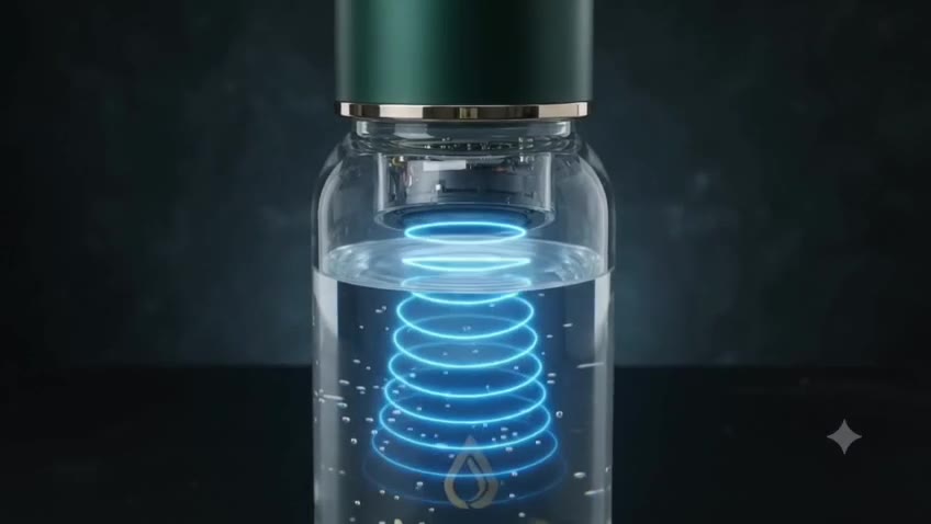 Glowing sound-wave rings travelling down through the water in the bottle